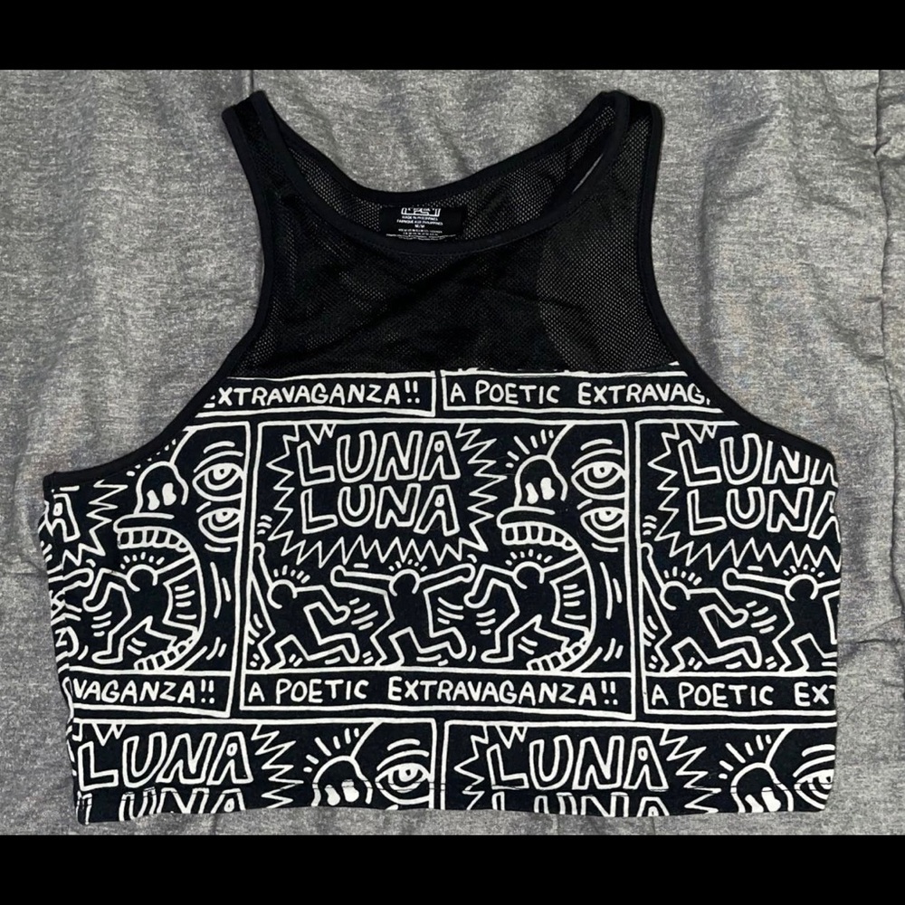 graphic crop top with mesh neck